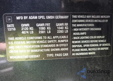 2011 Buick Regal Cxl from USA, damaged, VIN W04GN5EC6B1093047